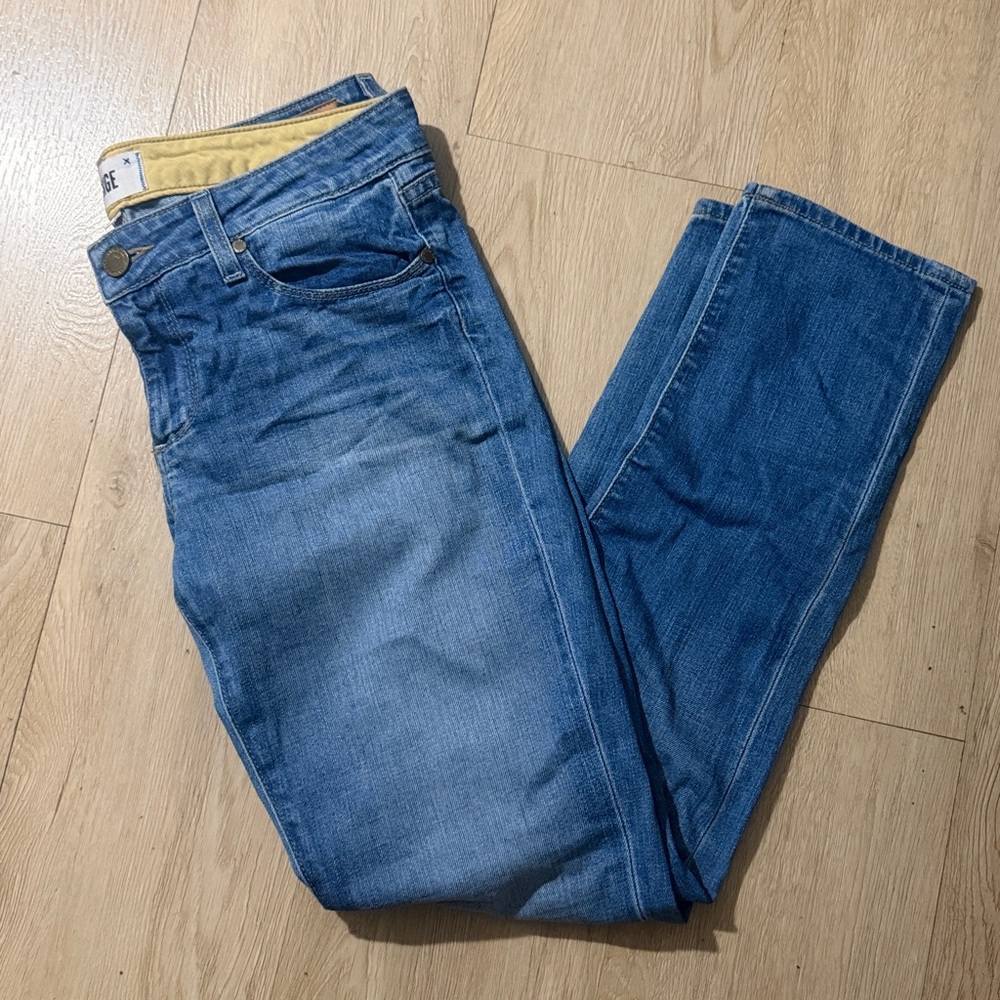 PAIGE Women’s Medium Blue Skinny Jeans with Yellow Waistband